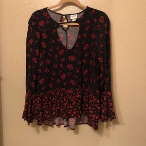 Black Floral Bell Sleeved Top